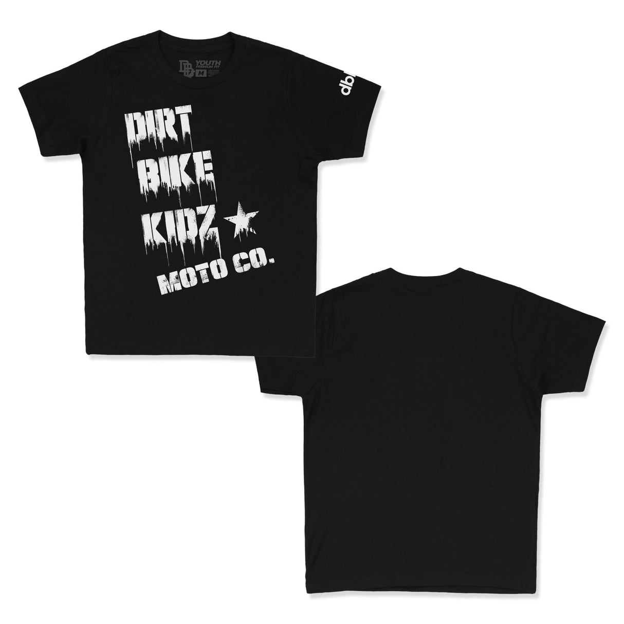 Youth premium tee set: black front and back, white "DIRT BIKE KIDZ" graphic on front