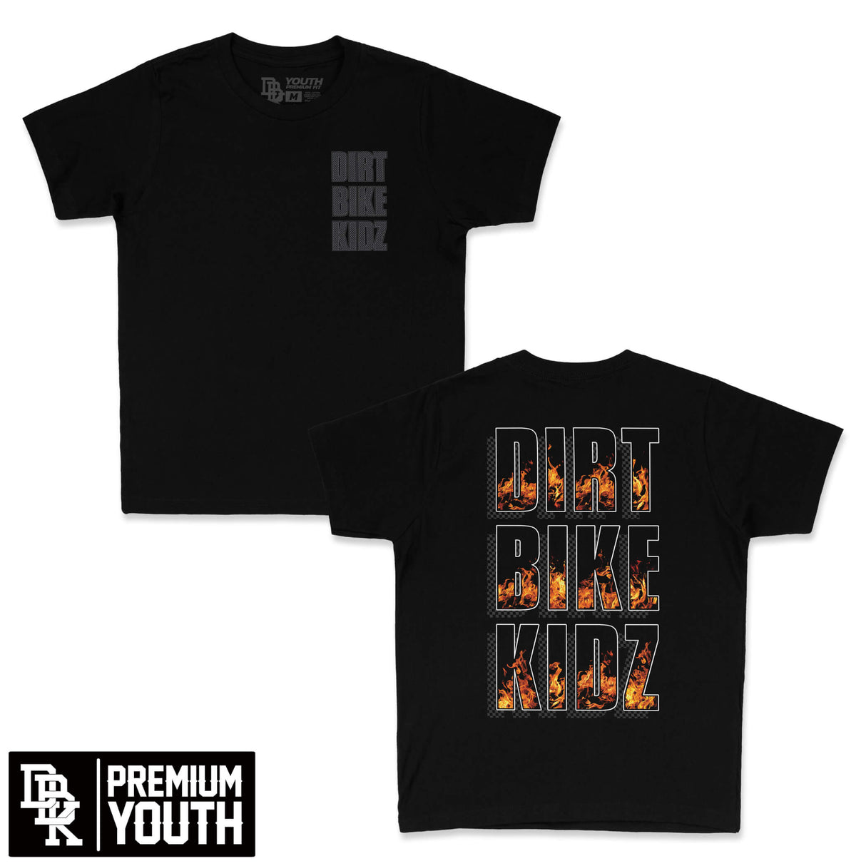 Black youth premium tee set with front logo and back graphic text DIRT BIKE KIDZ