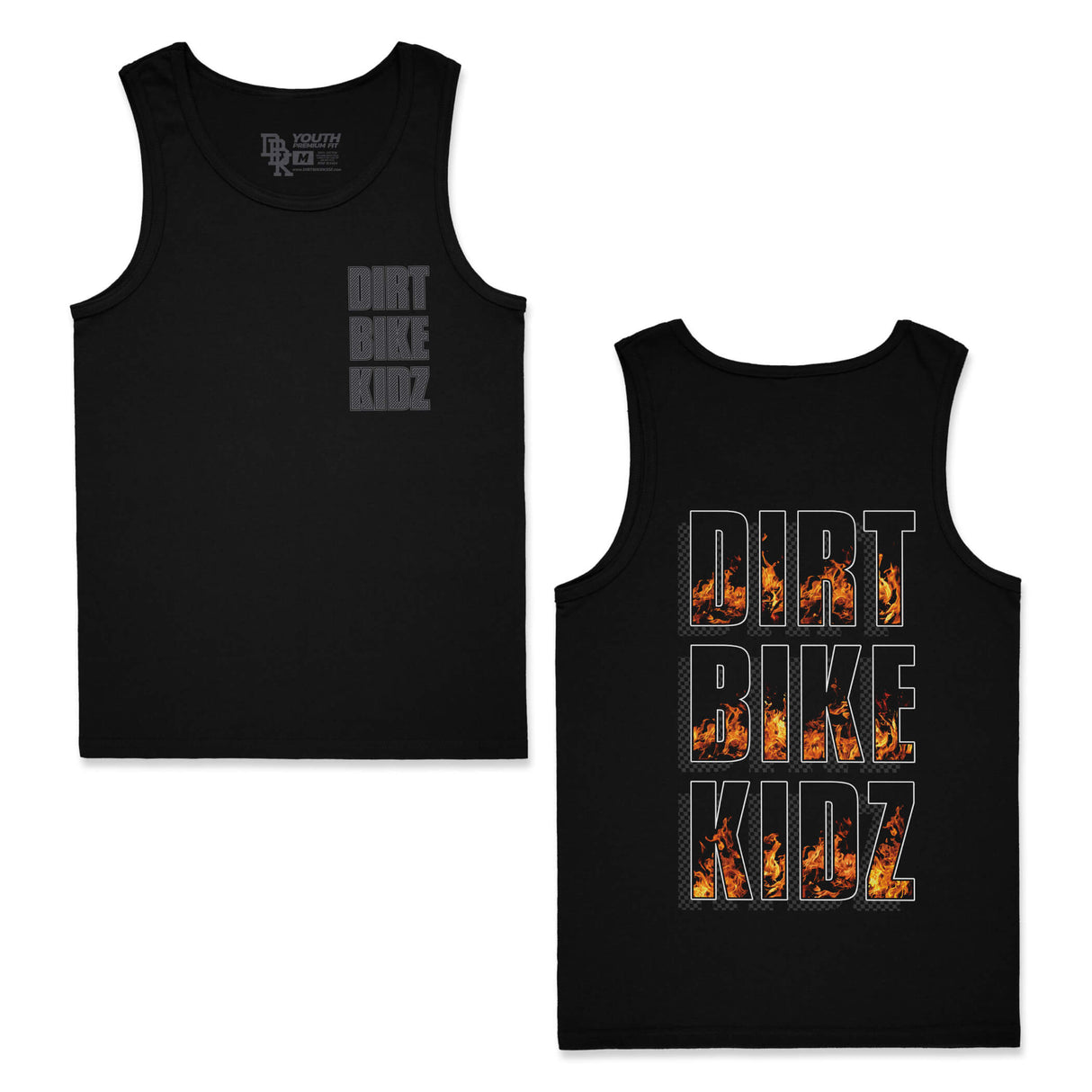 Black youth tank top set; front/back feature 'DIRT BIKE KIDZ' lettering