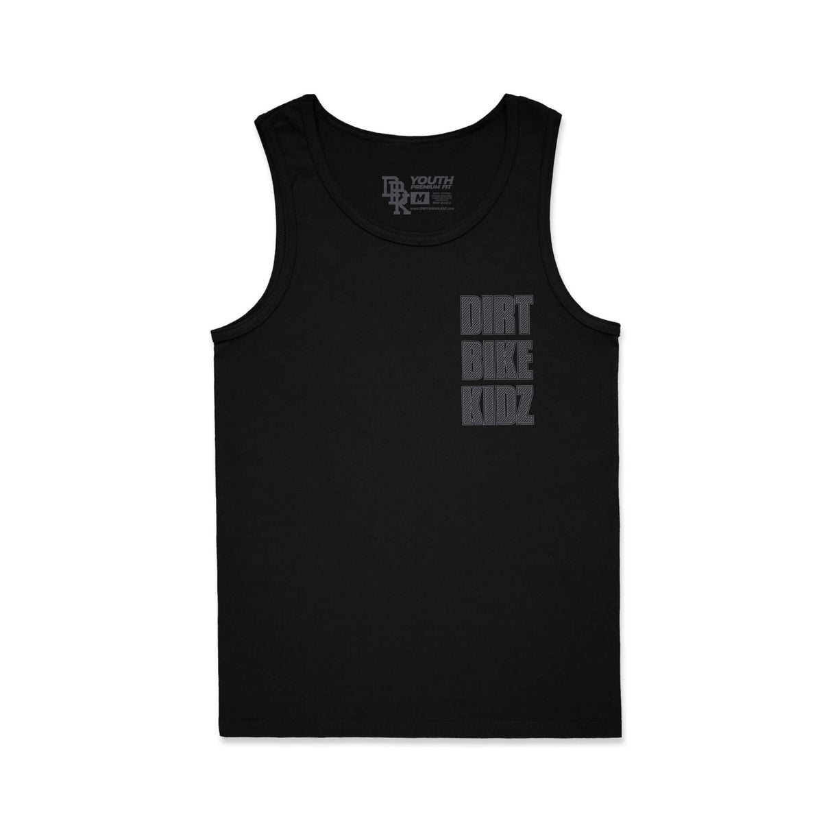 Black youth tank top with small centered 'DIRT BIKE KIDZ' logo