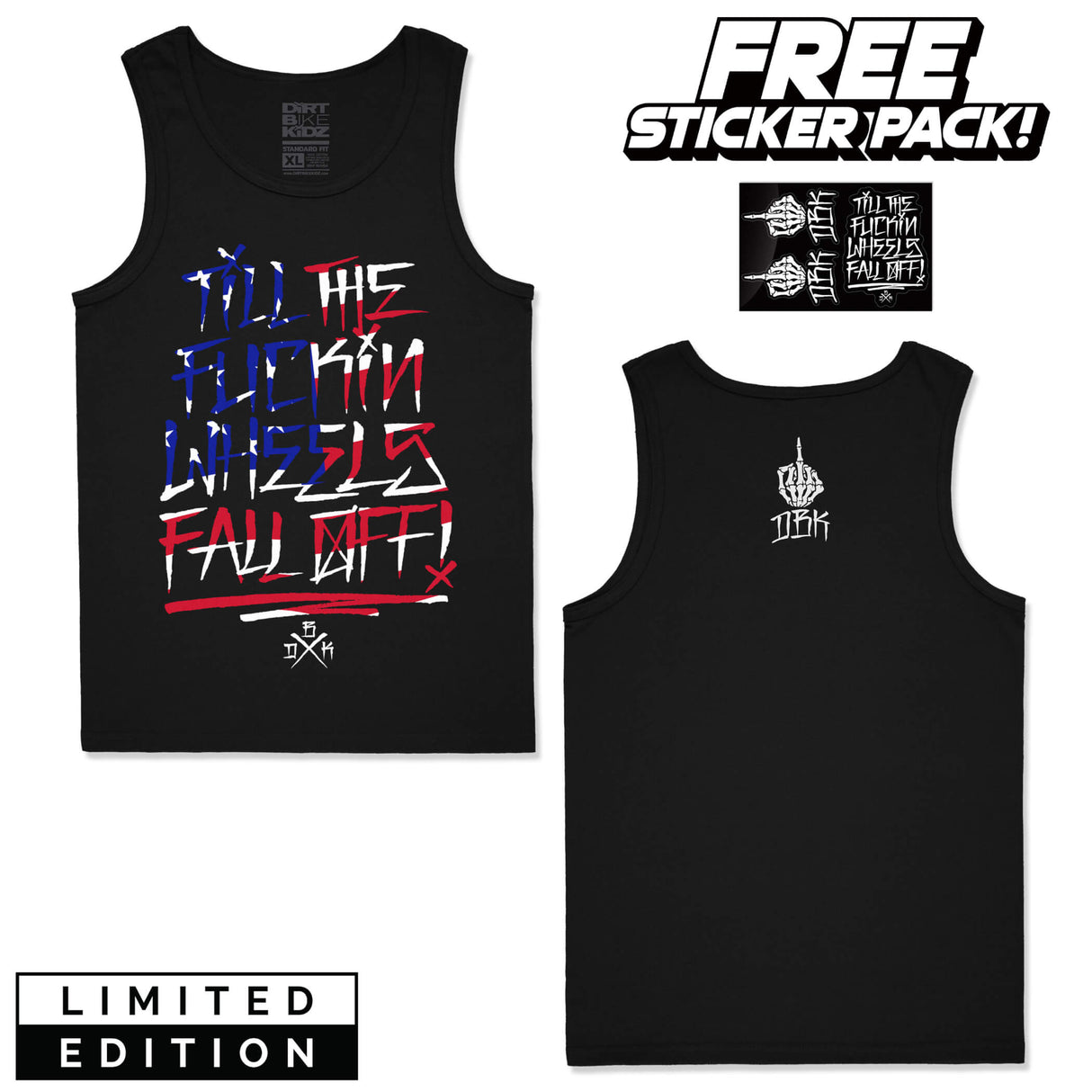 Black tank top with multicolor urban graphic print on the front, crew neck style