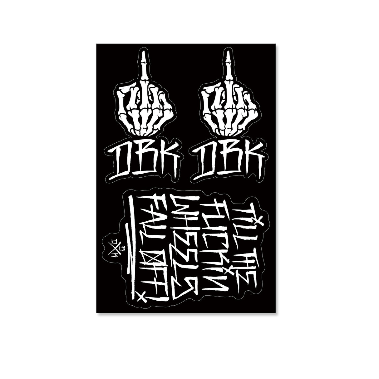 Sticker pack sheet with two white raised-finger hand designs and graffiti text on black