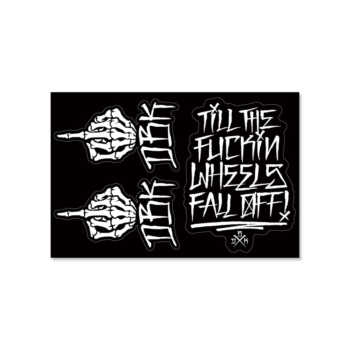 Sticker pack sheet with two left hands, stacked glyphs, and graffiti words on black
