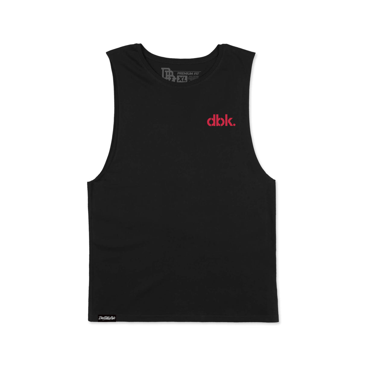Black tank top front view with small red dbk. logo on the chest and crew neckline