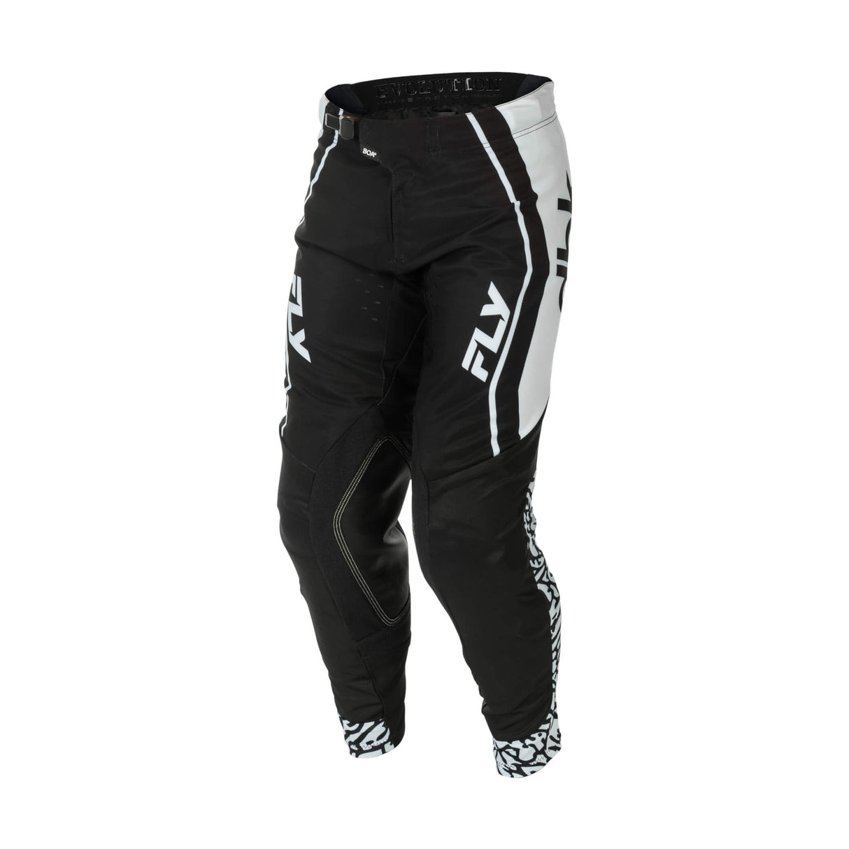 Motorcycle pant, black with white side stripes and graphic panels