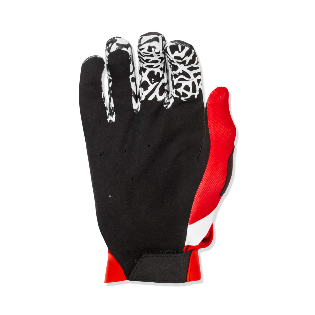 Motorcycle gloves with black palm, zebra-pattern fingertips, and red side panel.