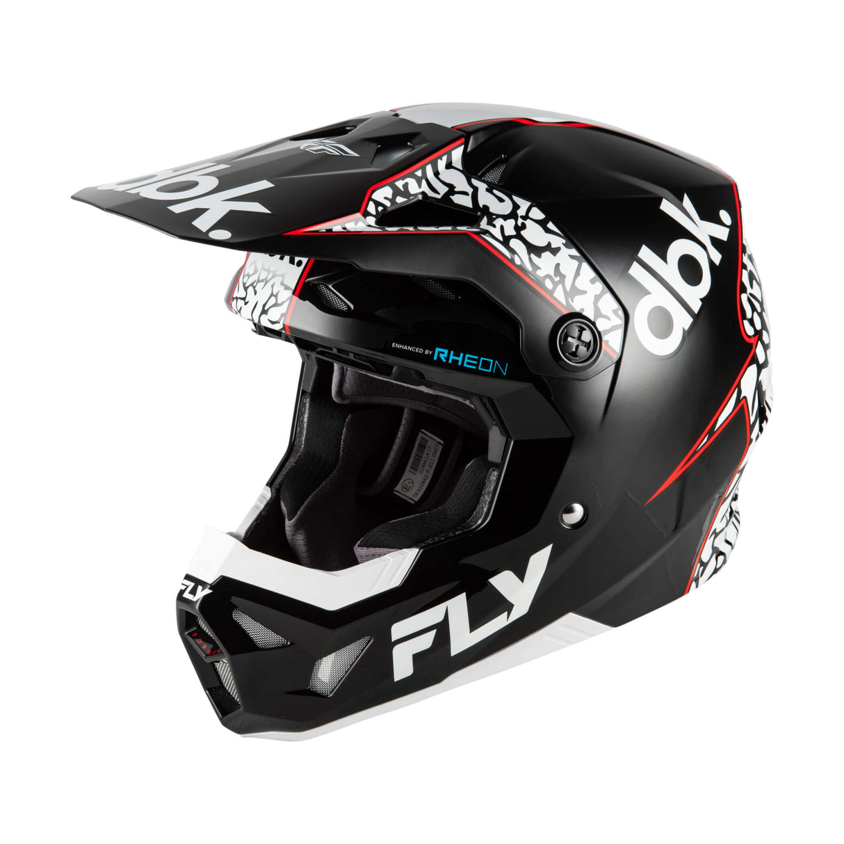 Motorcycle helmet in black with white and red graphics, front 3/4 view