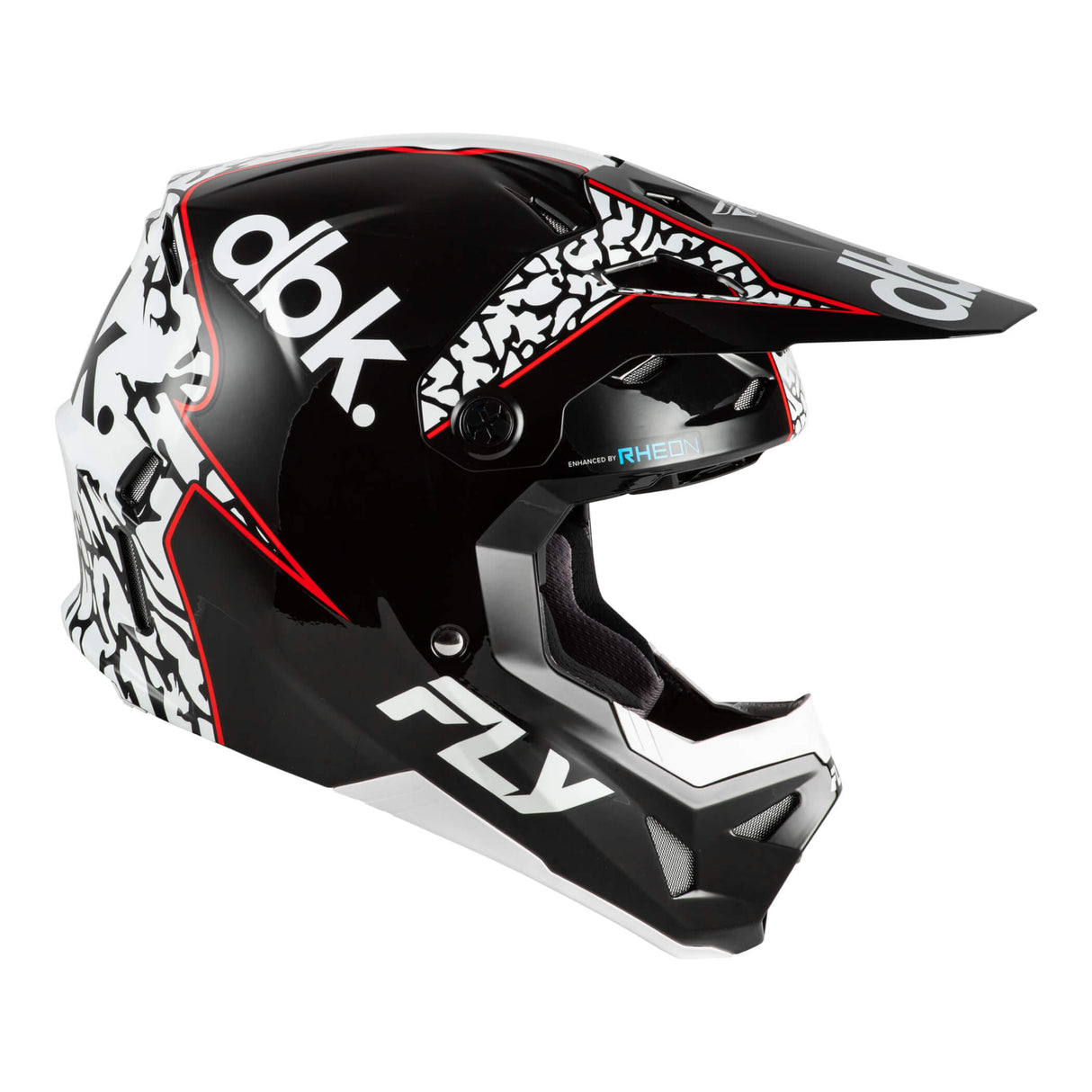 Motorcycle helmet in black with white and red graphics, side view