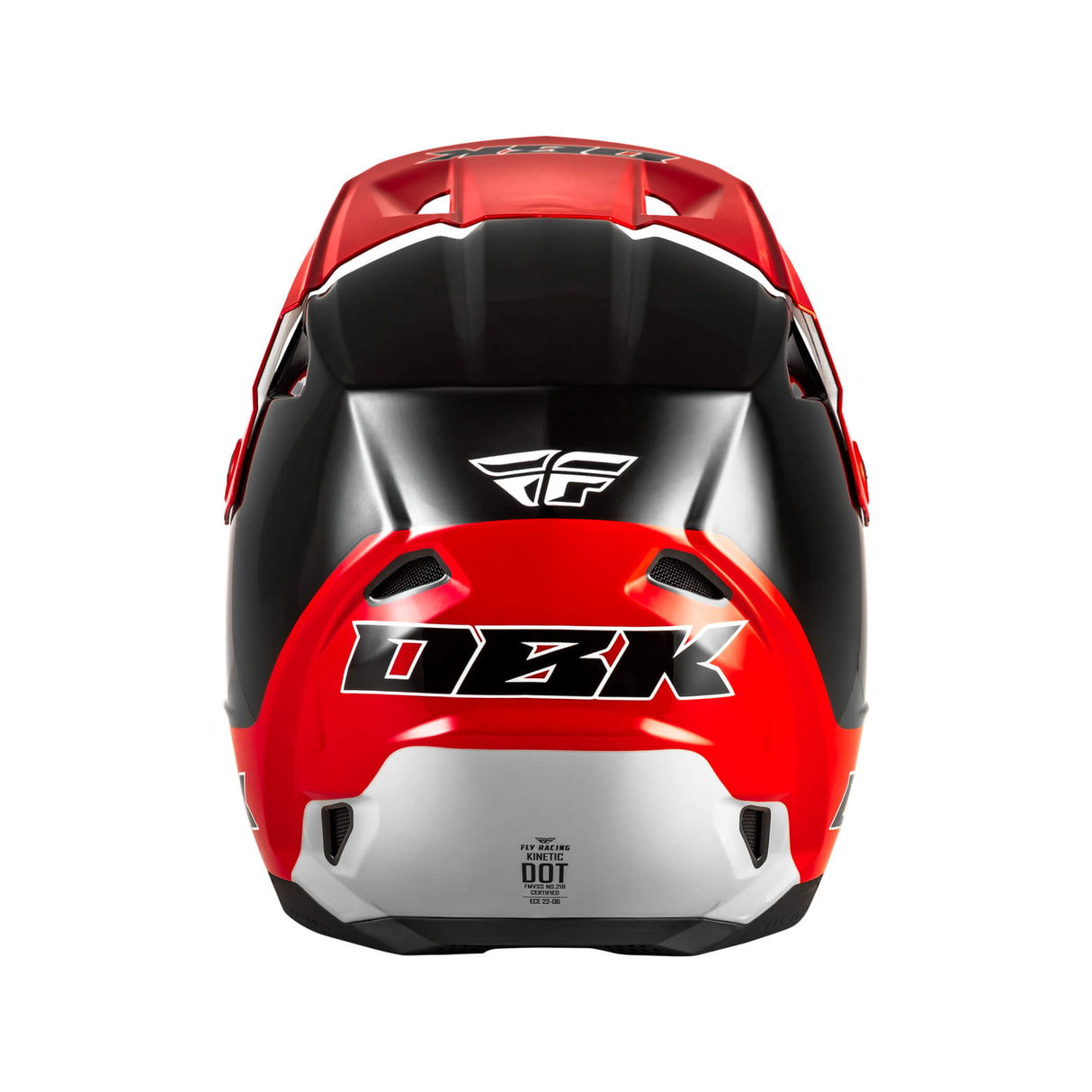 Motorcycle helmet top view, red shell with black and silver panels, vent slots