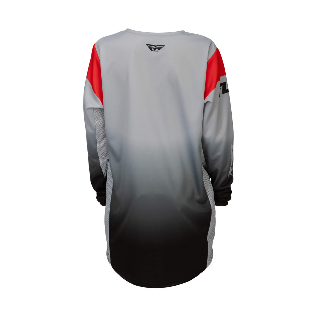 Youth motocross jersey back view, light gray with red sleeve panels and black lower hem