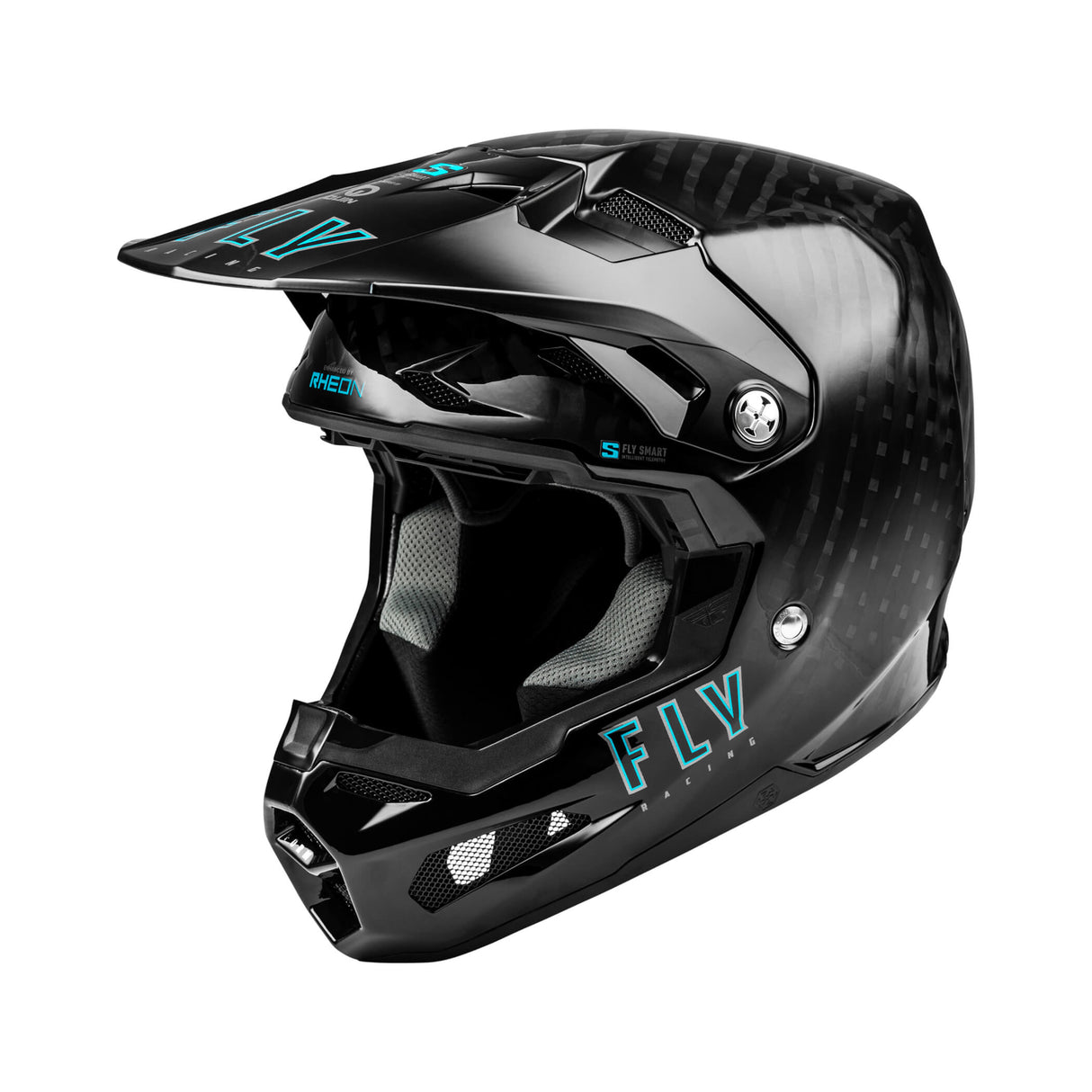 Black carbon racing helmet with blue FLY graphics, chin guard and side vents