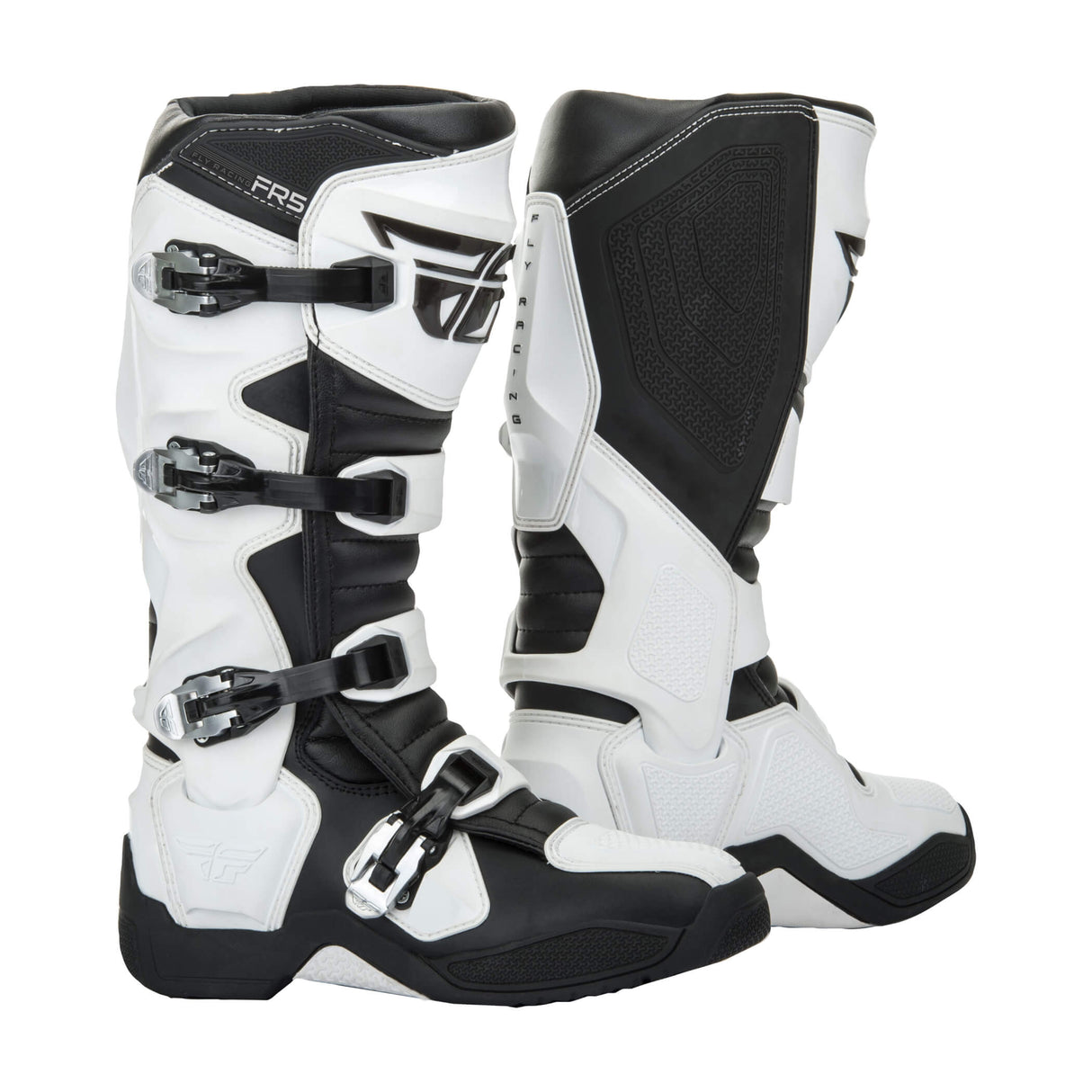 White and black motocross boots with three buckles and padded side shield