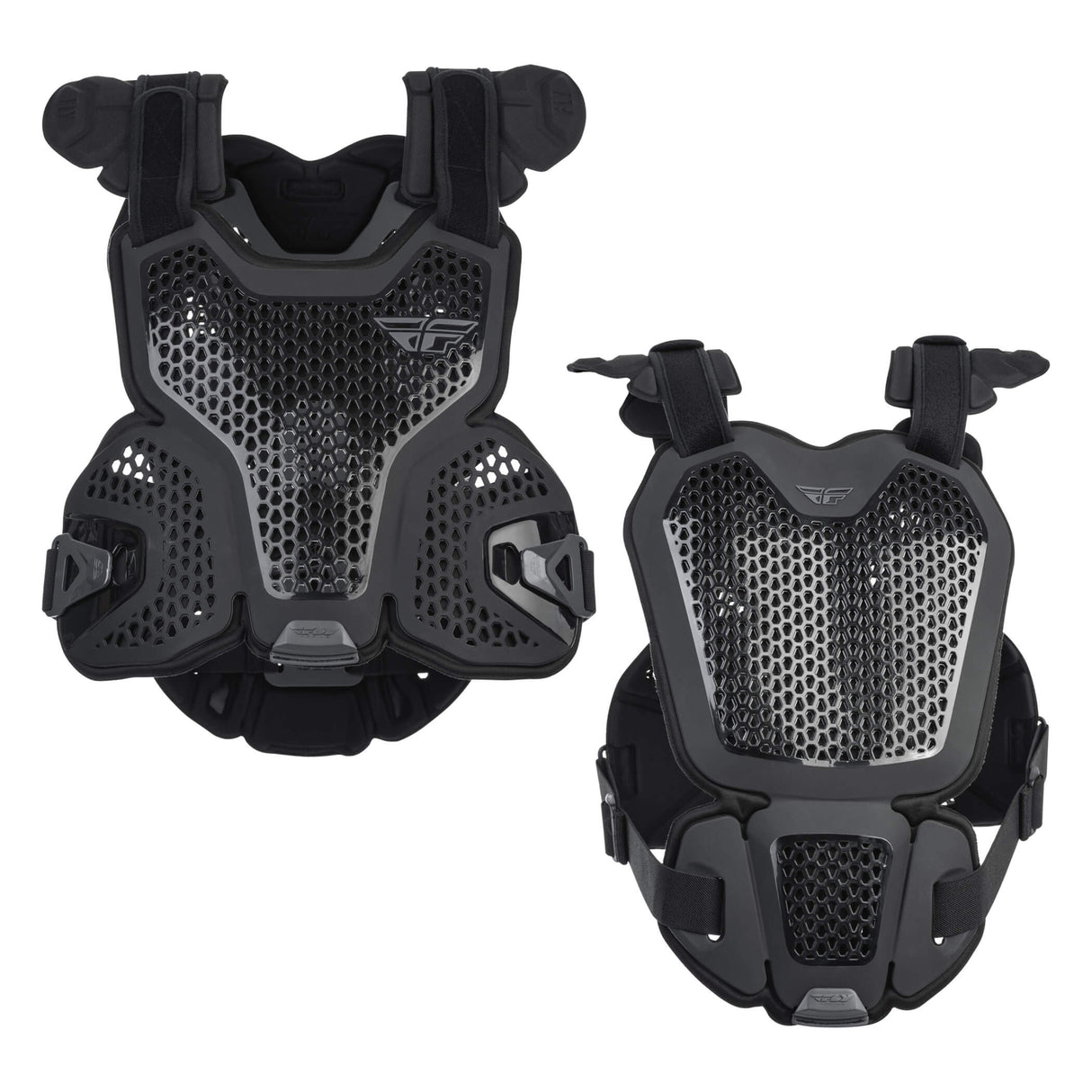 Protective roost guard vest in black with perforated honeycomb mesh and adjustable straps