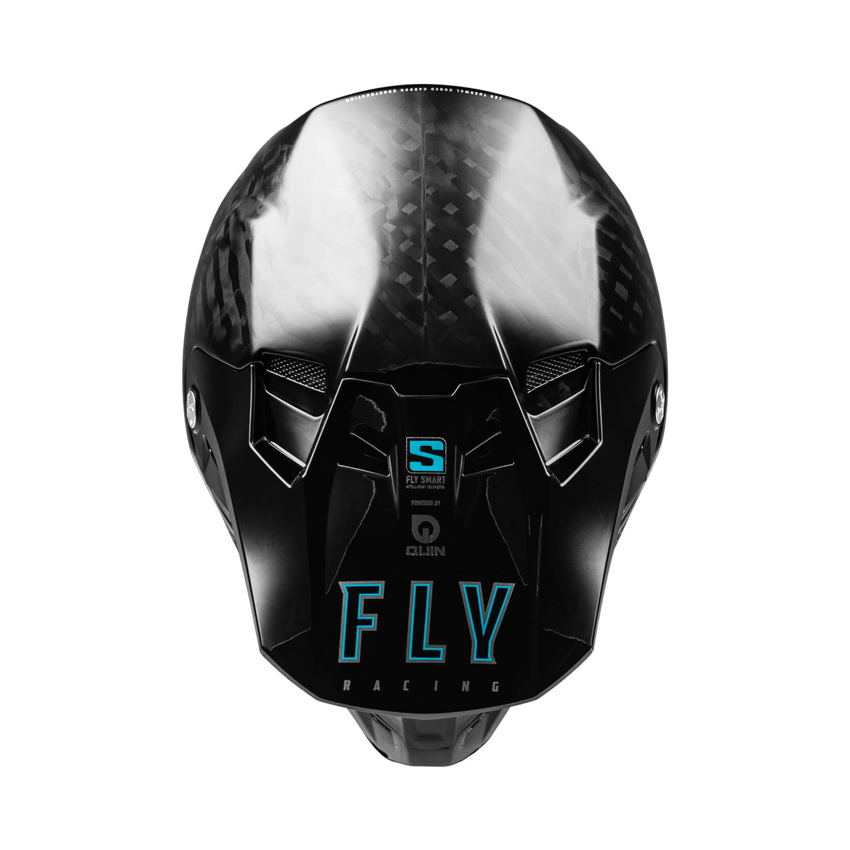 Black carbon racing helmet front view with blue FLY accents and chin protection