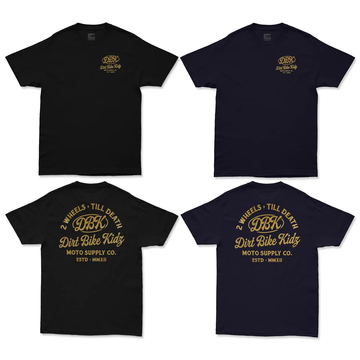 Set of logo graphic tees in black and navy, front and back views, short sleeves.