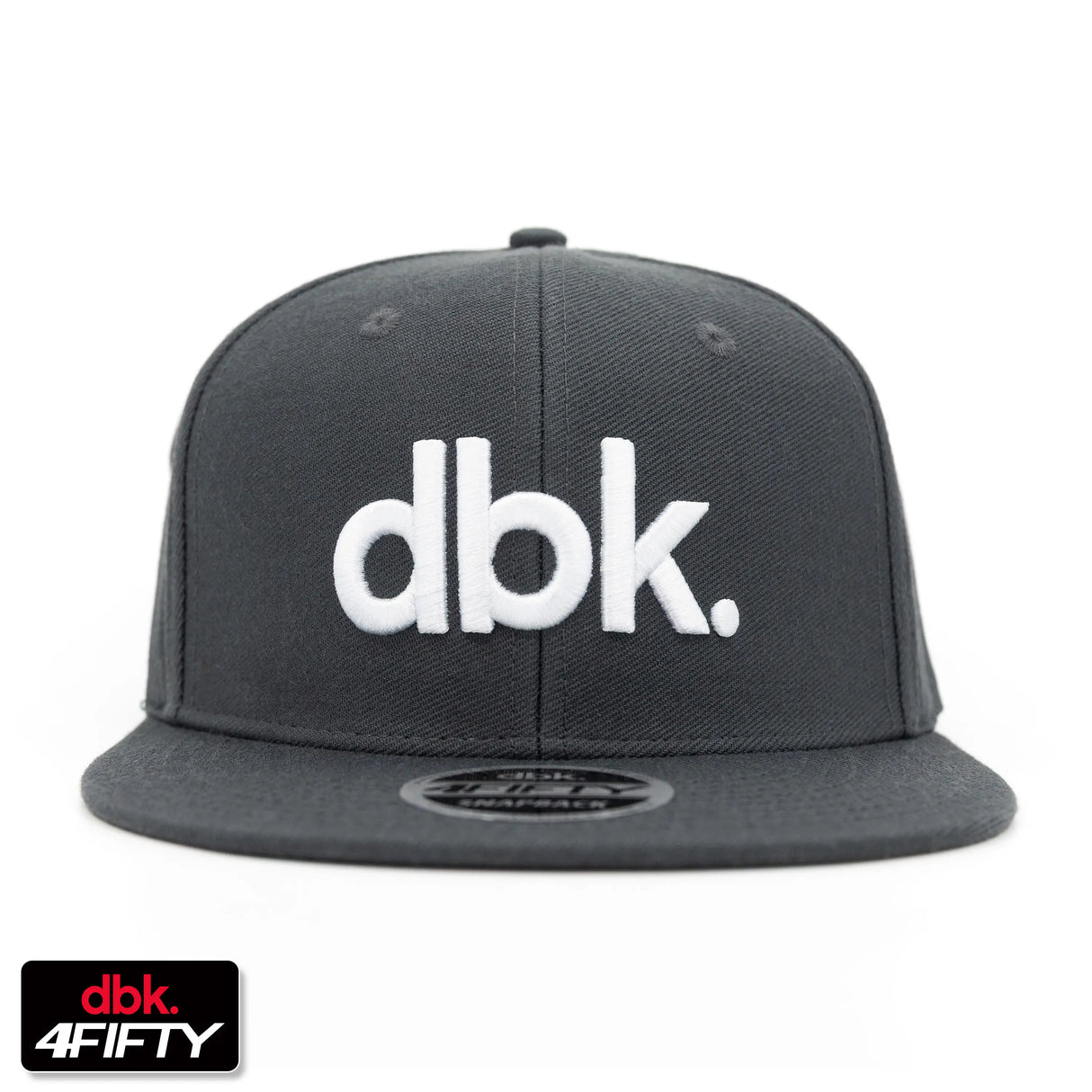 Charcoal snapback cap with white dbk logo on front and flat brim