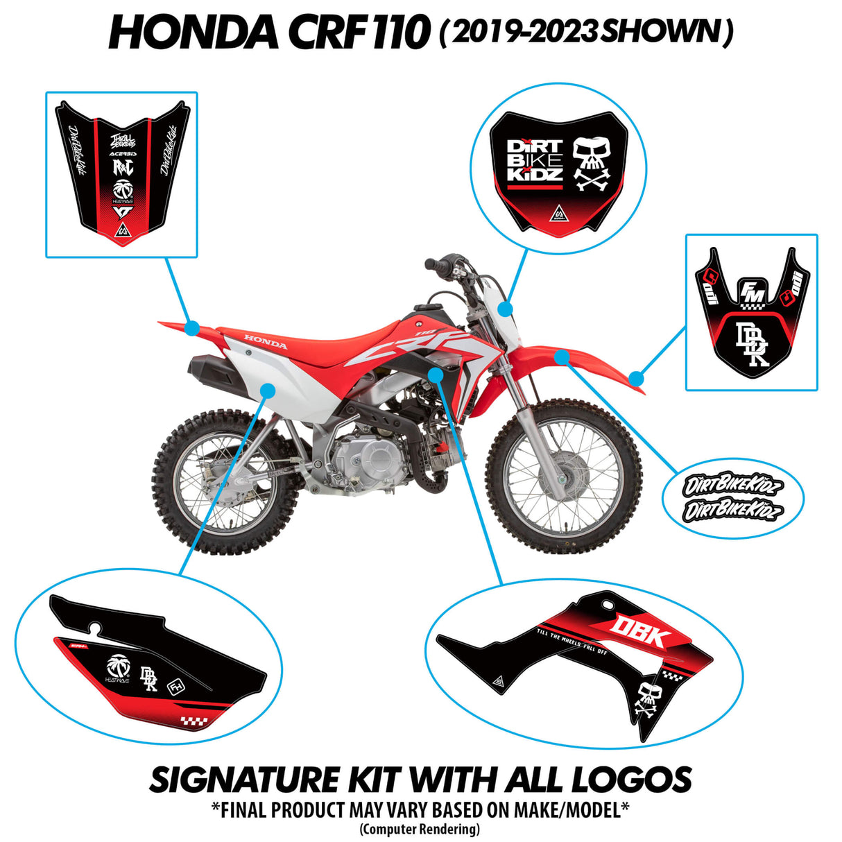 DBK signature graphic kit on a red pit bike, showing decal placement on key areas