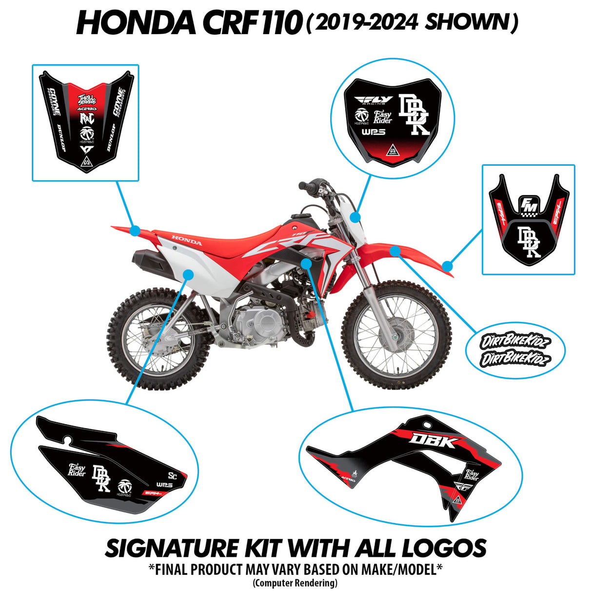 Red and white pit bike with matching graphics and blue callouts for panels