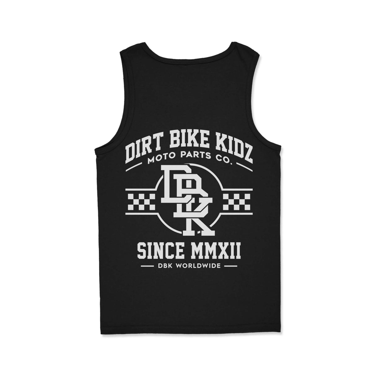 Black youth tank top with full 'DIRT BIKE KIDZ' logo, circle badge, and 'SINCE MMXII'.