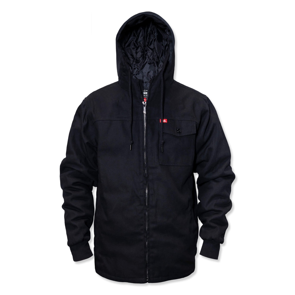 Deluxe jacket, dark hooded zip-up with chest pocket and drawstring hem cords
