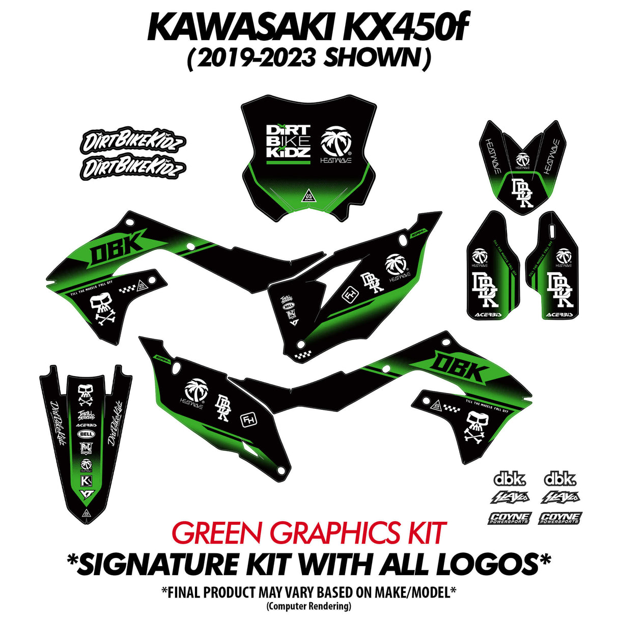 Green and black DBK graphics kit set with front plate, side panels, and number decals