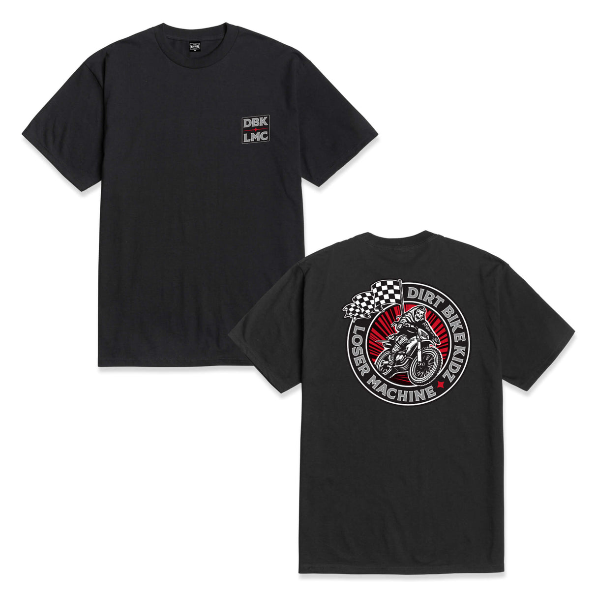Black crew-neck T-shirt with small DBK LMC chest logo print