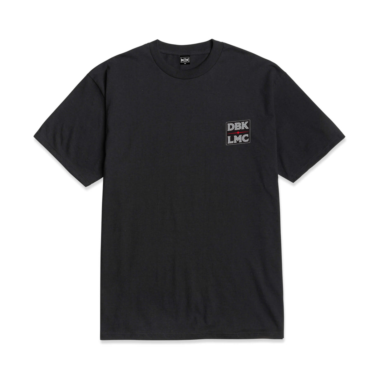Black crew-neck T-shirt with small DBK LMC chest logo print