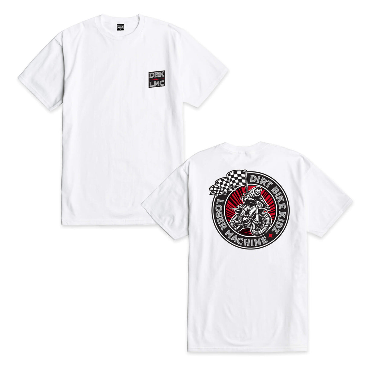 White crew-neck T-shirt with small DBK LMC chest logo and large back graphic