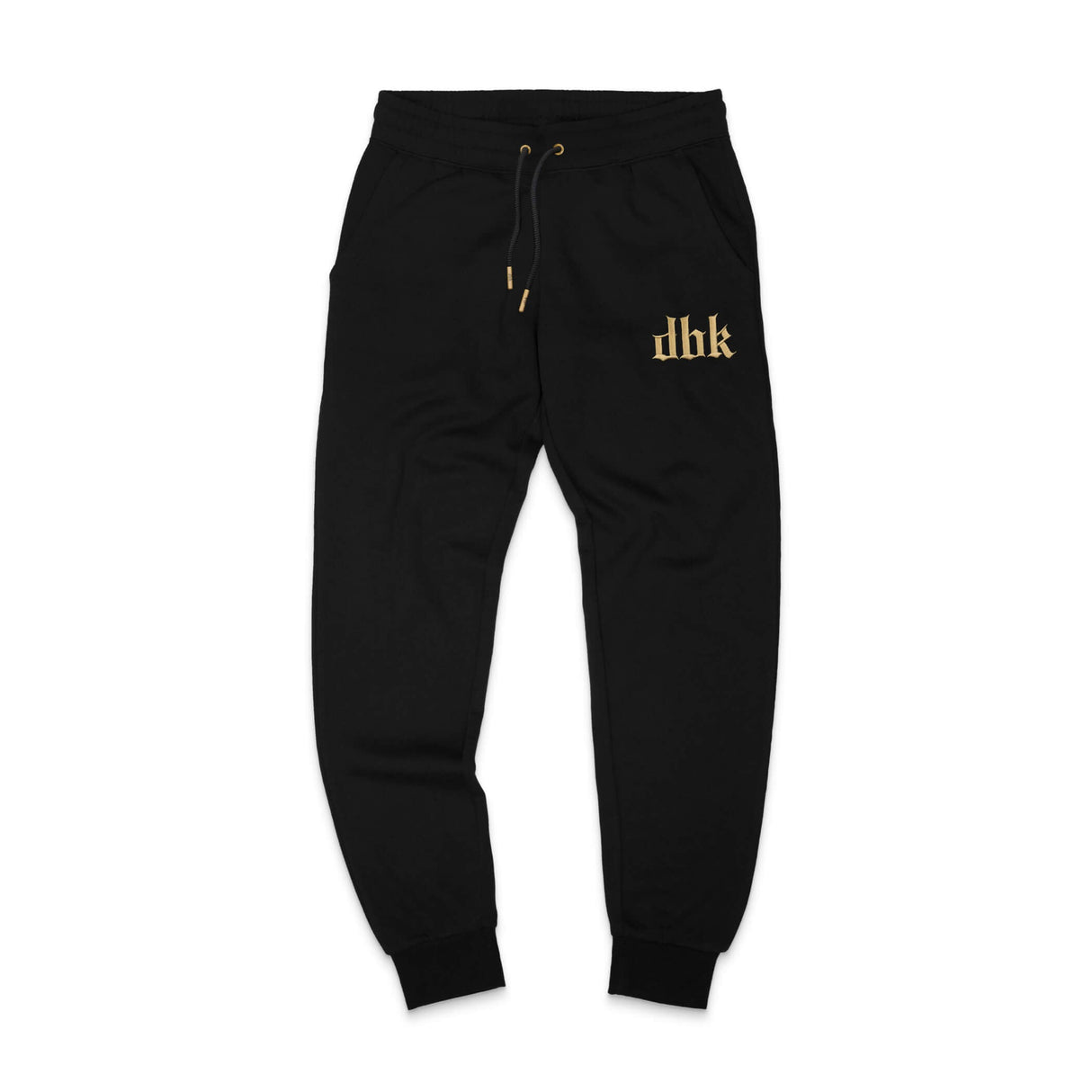 Black premium sweatpants with drawstring waist and gold dbk logo on the leg.