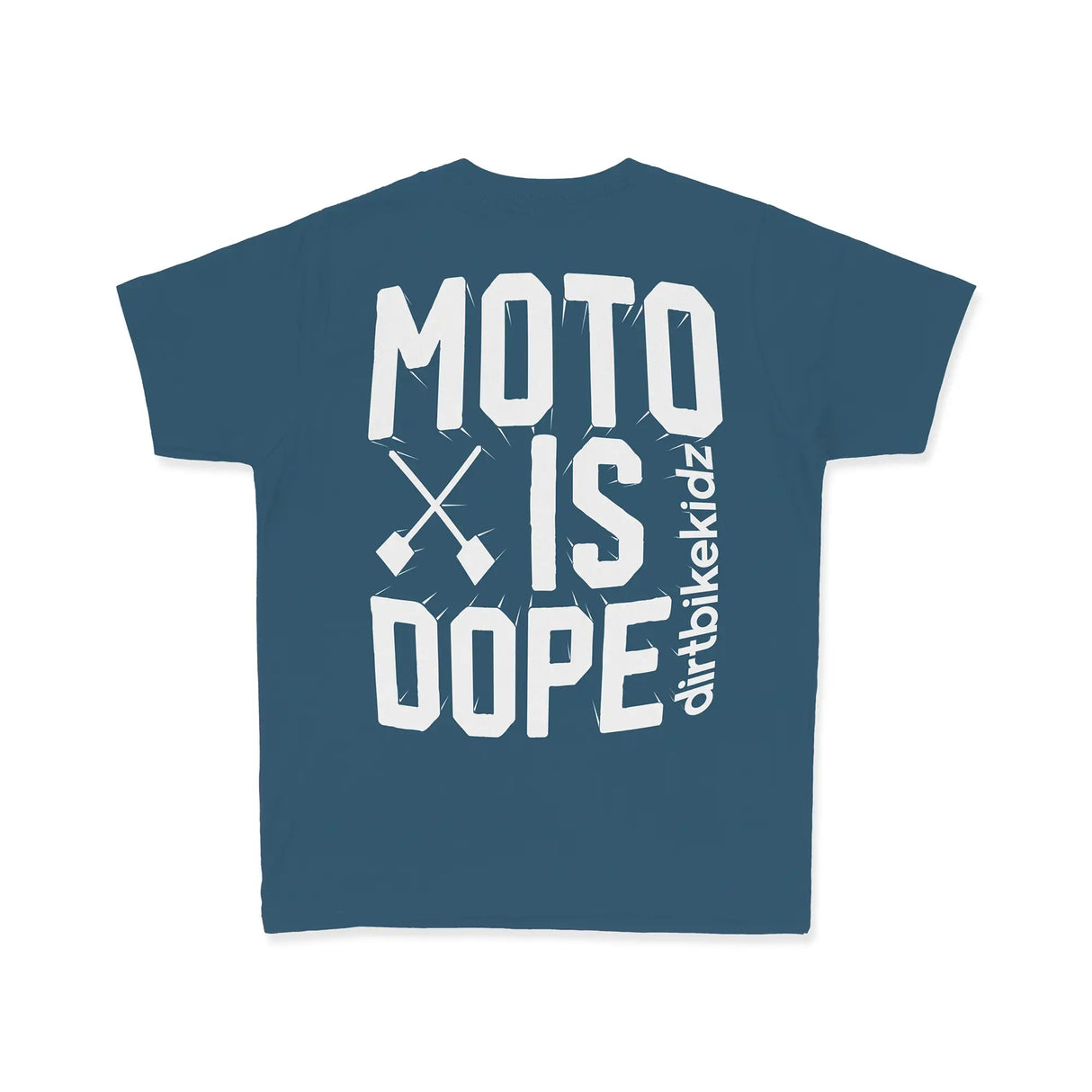 Youth premium tee, dark blue, back graphic reads MOTO IS DOPE