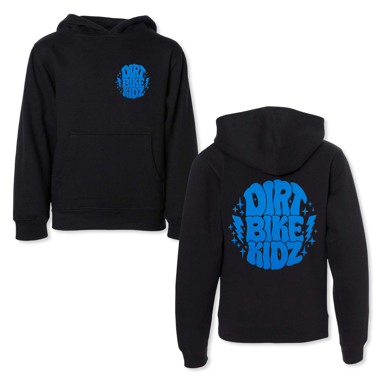 Black youth hoodie, front pocket and hood; blue "DIRT BIKE KIDZ" front and back logos