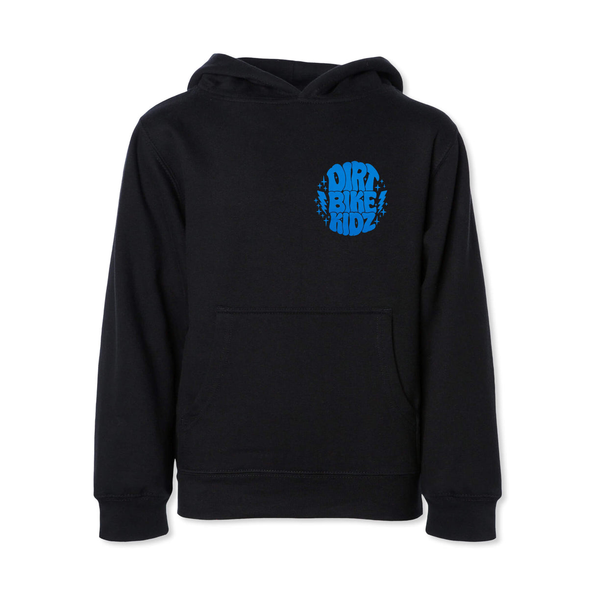 Black youth hoodie front view with hood, front pocket, and blue "DIRT BIKE KIDZ" logo