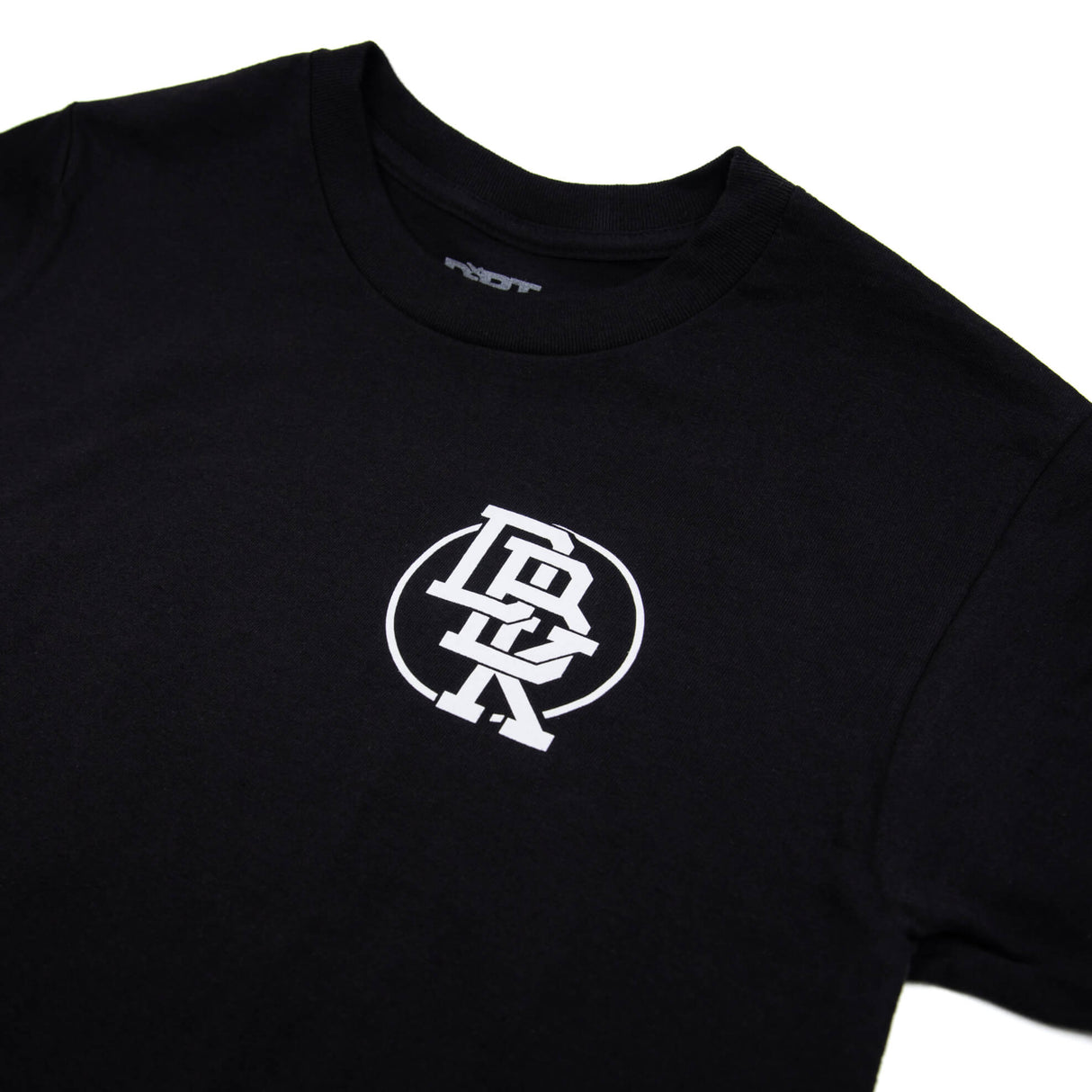 Black Hot Rod T-shirt close-up: small circular chest emblem logo