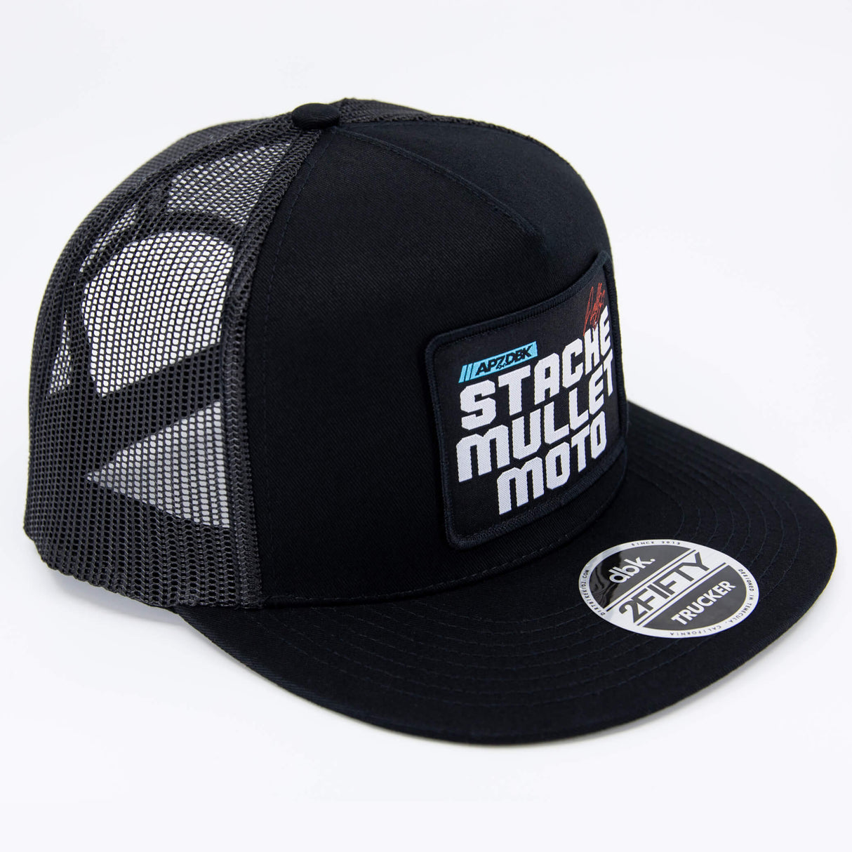 Black trucker cap with mesh side panel and back logo patch, curved brim.