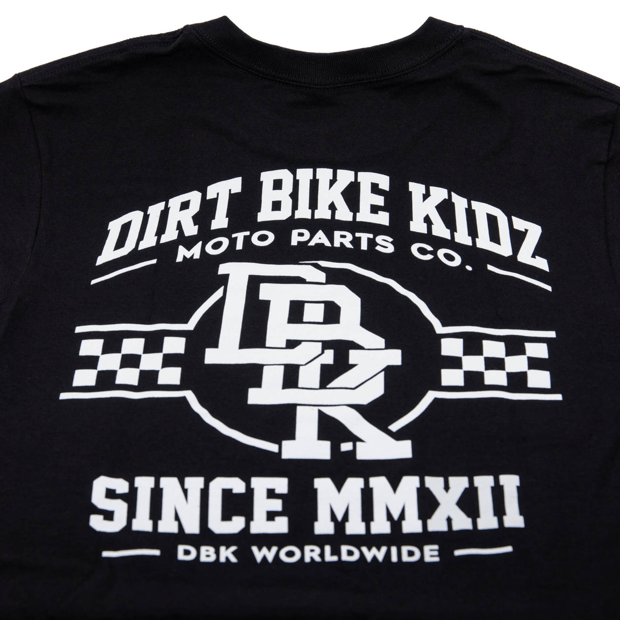 Black Hot Rod T-shirt close-up of “DIRT BIKE KIDZ” back graphic print