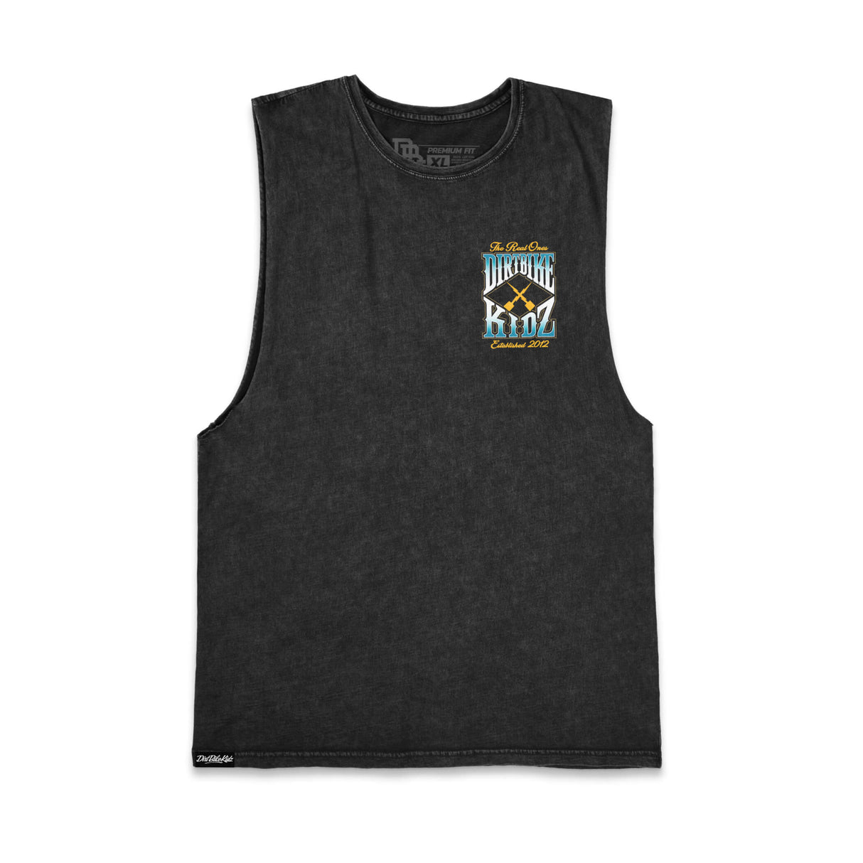 Dark tank top with small centered “Dirtbike” logo on the chest
