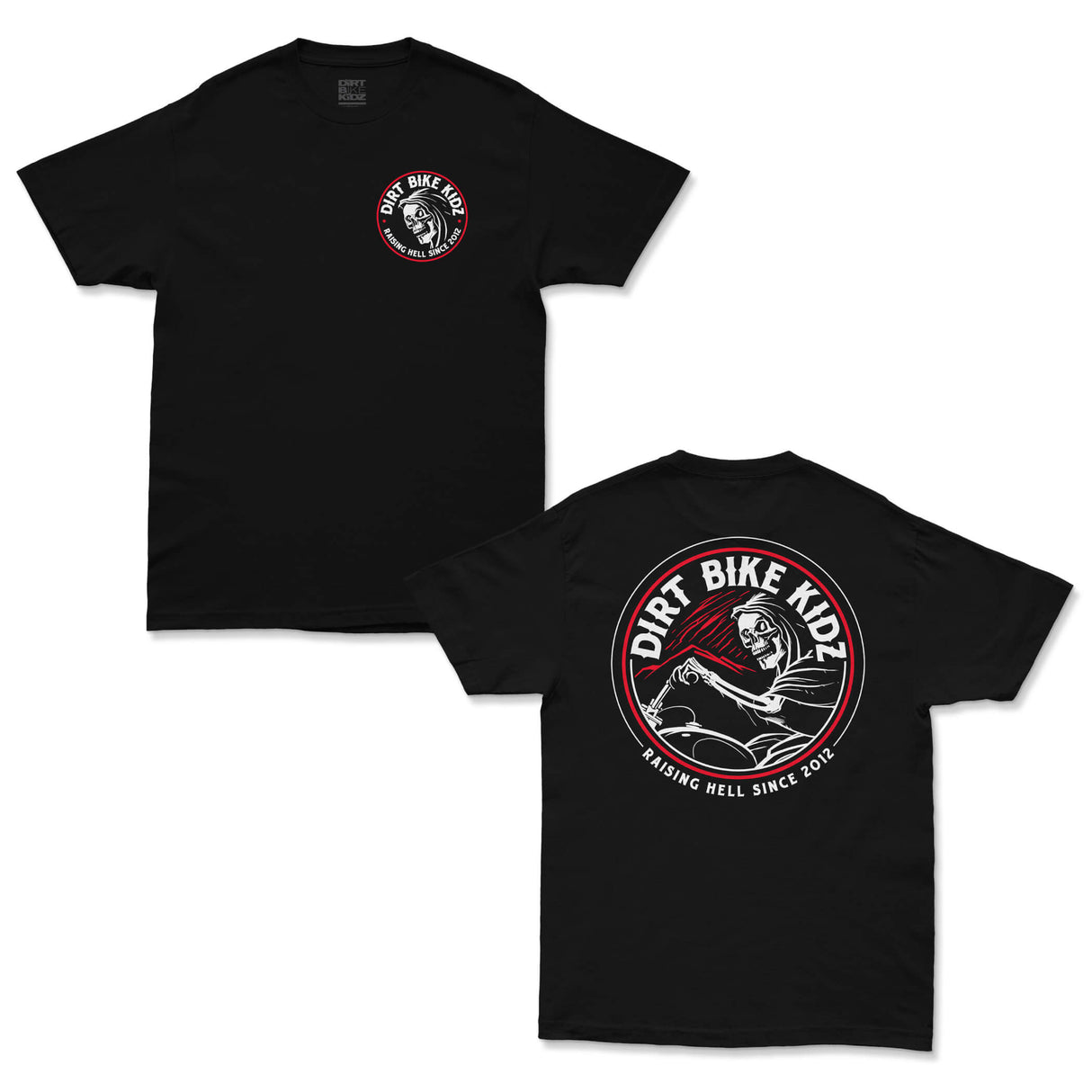 Reaper tee in black, front and back with Dirt Bike Kingdom round logo graphic