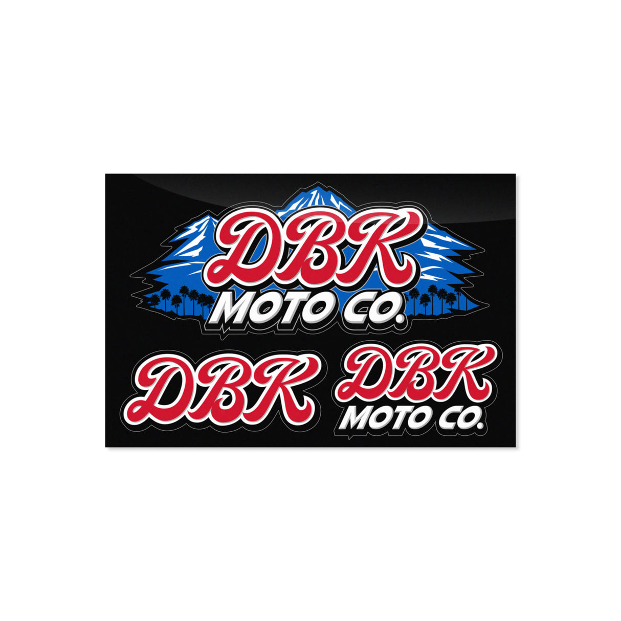 Sticker pack sheet with DBK Moto Co. decals, blue mountain artwork and red outlined script lettering