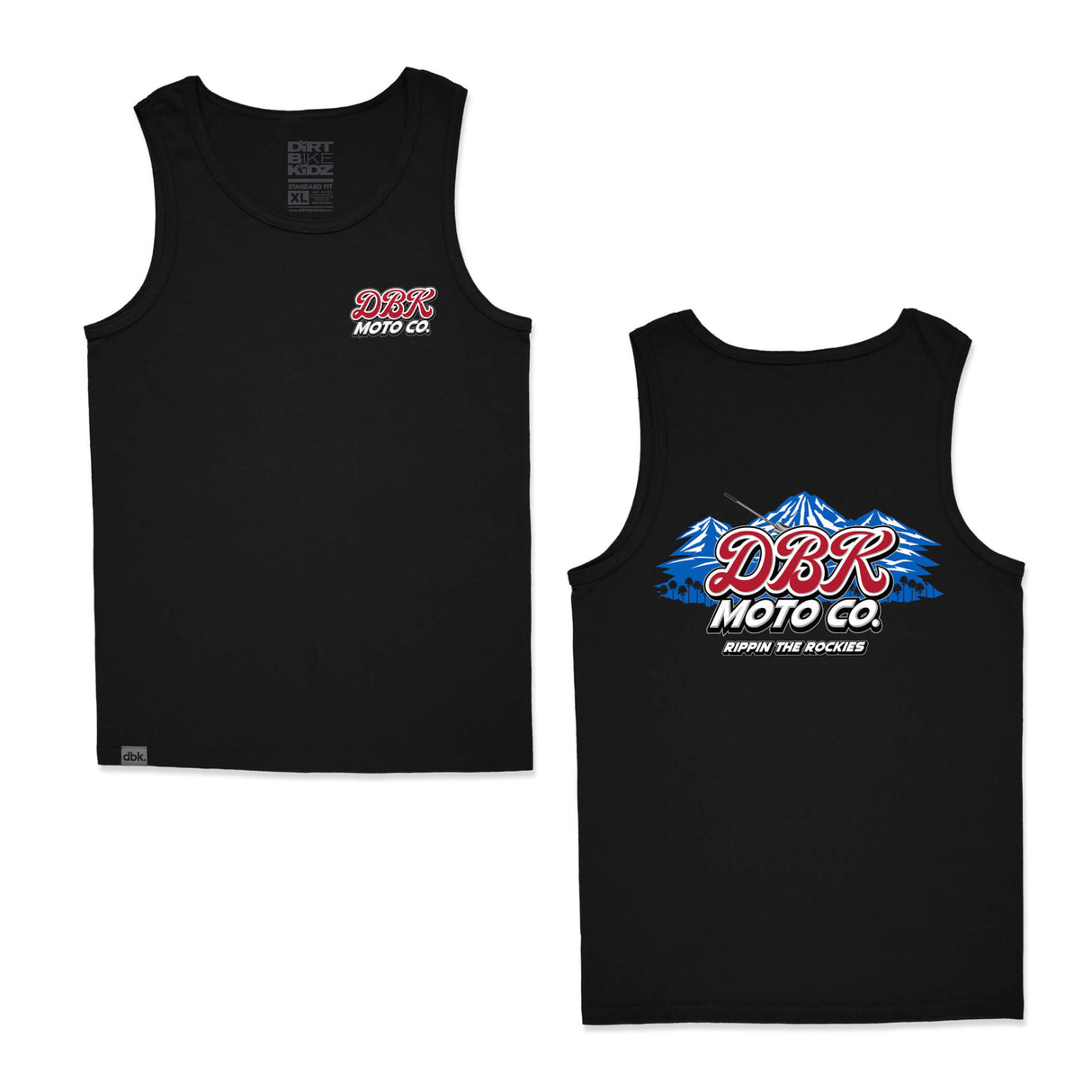 Black Rockies tank top with DBR Moto Co chest logo on front and back.