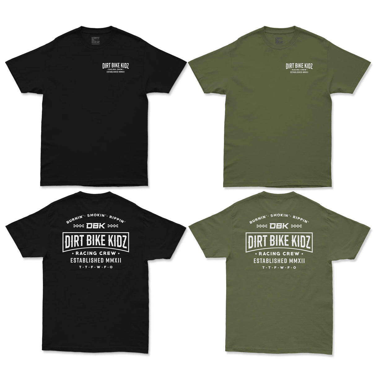 Crewneck graphic T-shirt set: black and olive fronts and backs shown