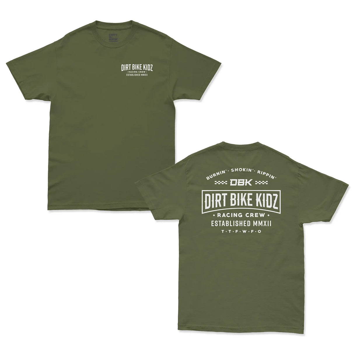 Military green crewneck T-shirt with small chest “Dirt Bike Kidz” logo print