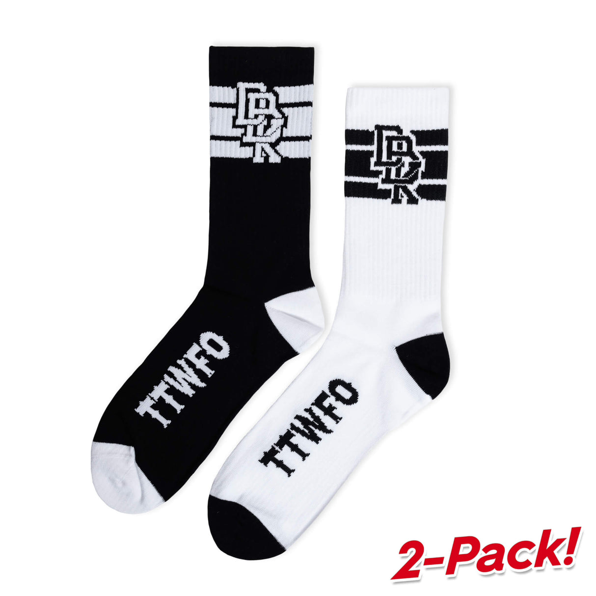2-pack crew socks, black and white with top graphic and “TTWTF” lettering at ankle.
