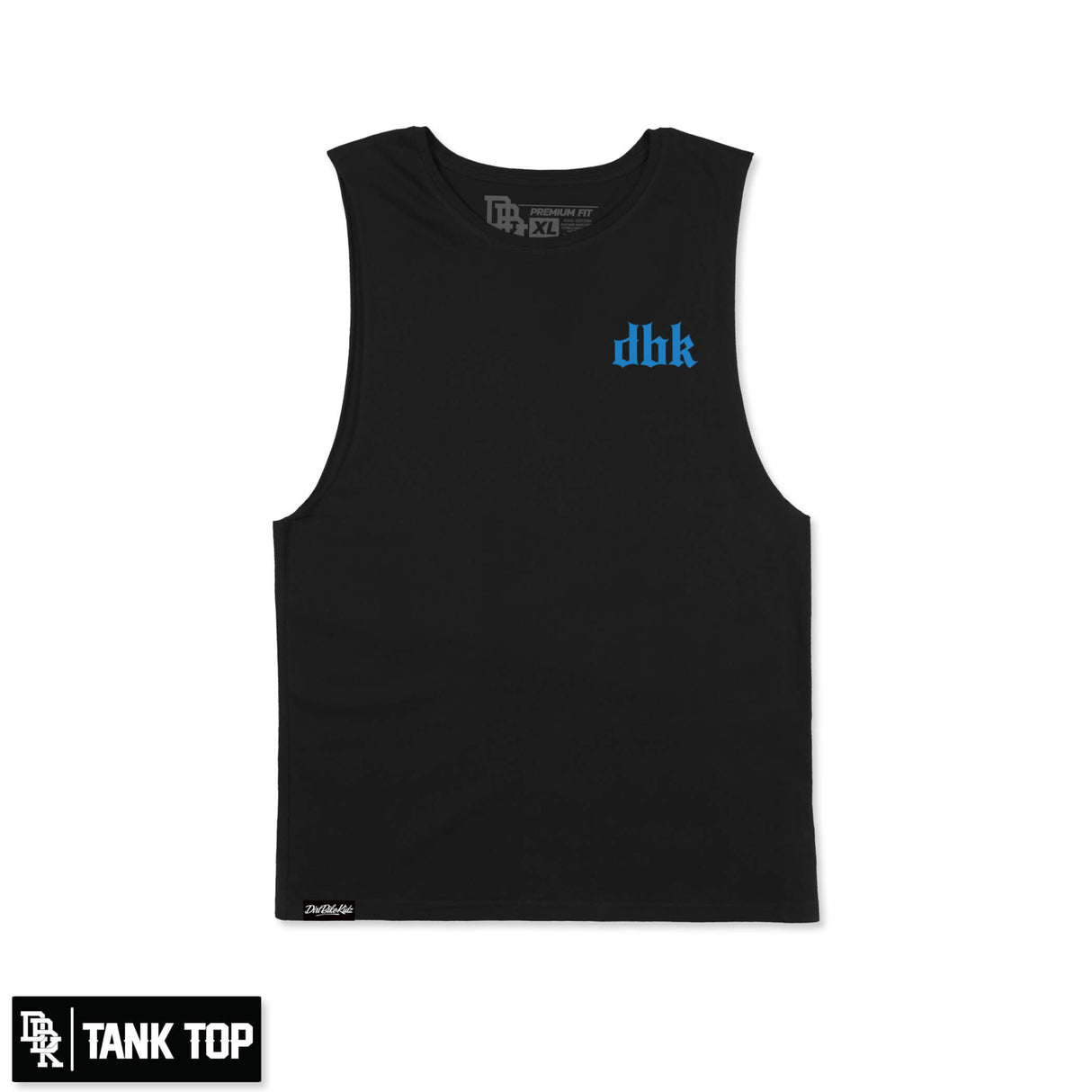Black tank top with blue dbk logo, crew neck and sleeveless cut
