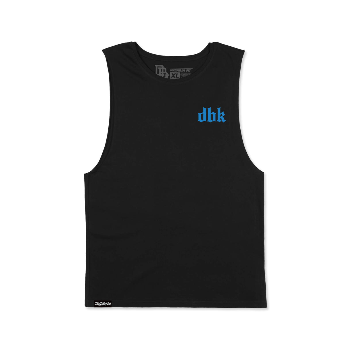Black tank top with blue dbk logo and crew neck sleeveless design