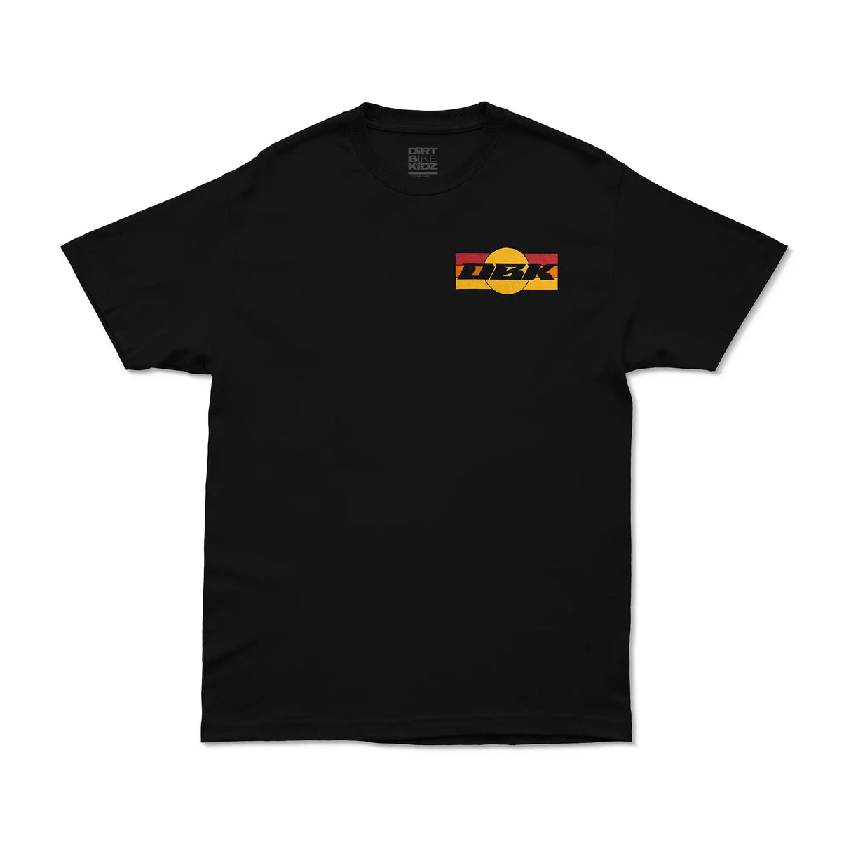 Black crewneck T-shirt with small DBK logo graphic on the chest
