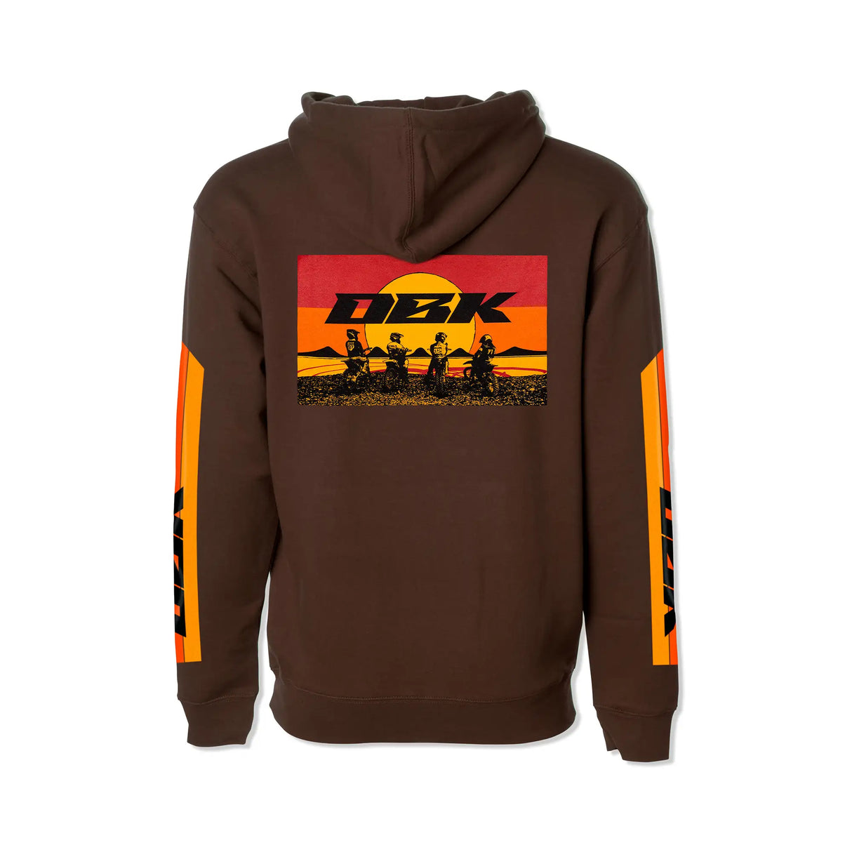 Brown youth hoodie back view with drawstring hood, large DKB back graphic, and sleeve stripes