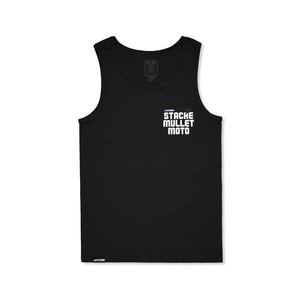 Black tank top with 'Stache Mullet Moto' text graphic on chest