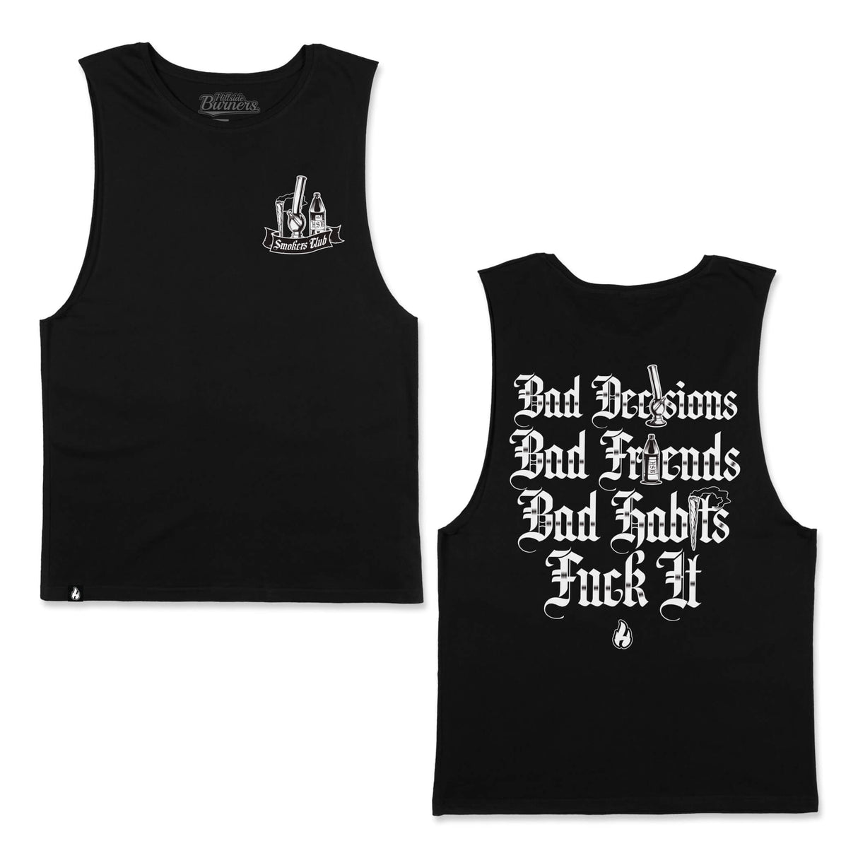 Black tank top, sleeveless crew neck, front and back white graphic print