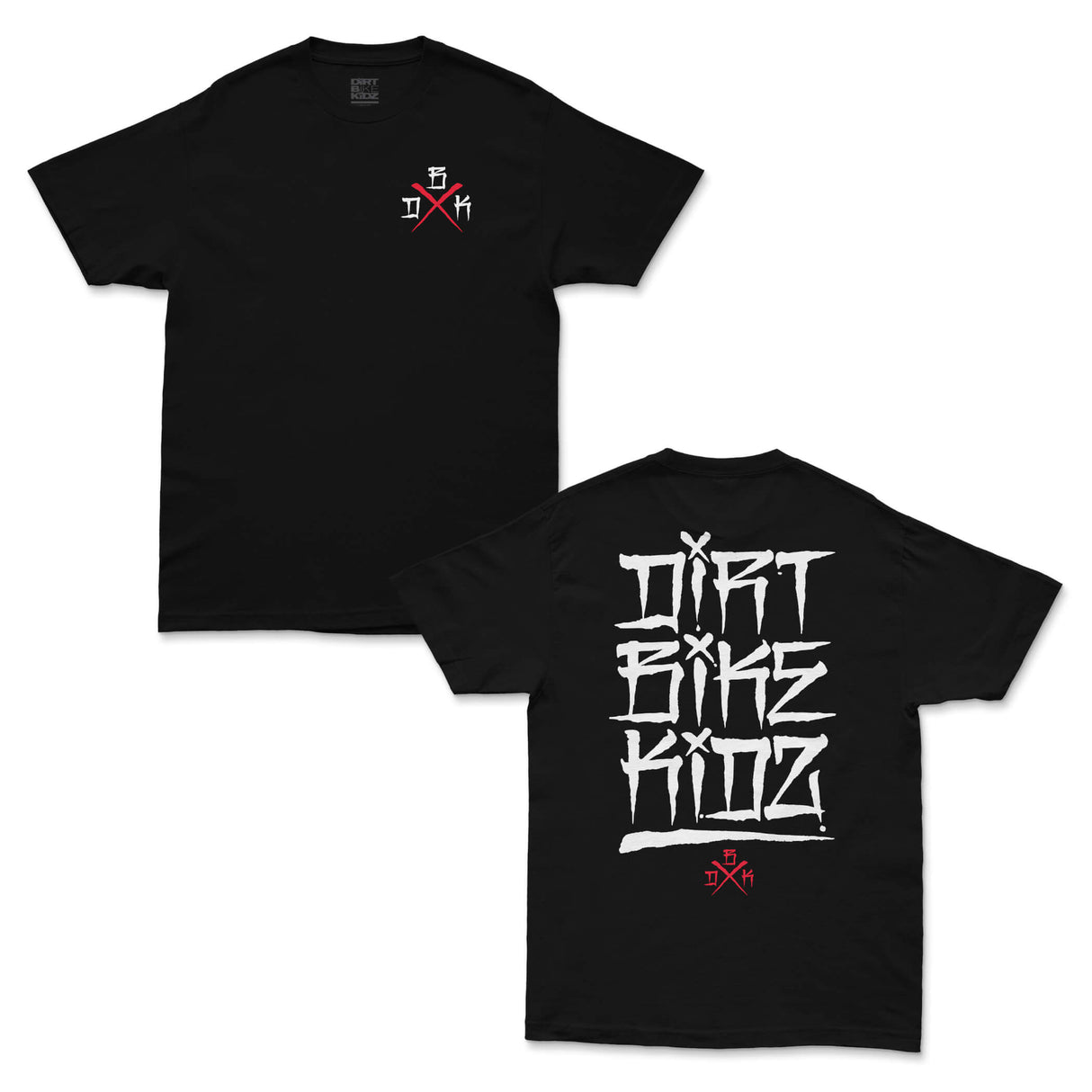 Black T-shirt with small chest graphic; set shows matching back graphic print