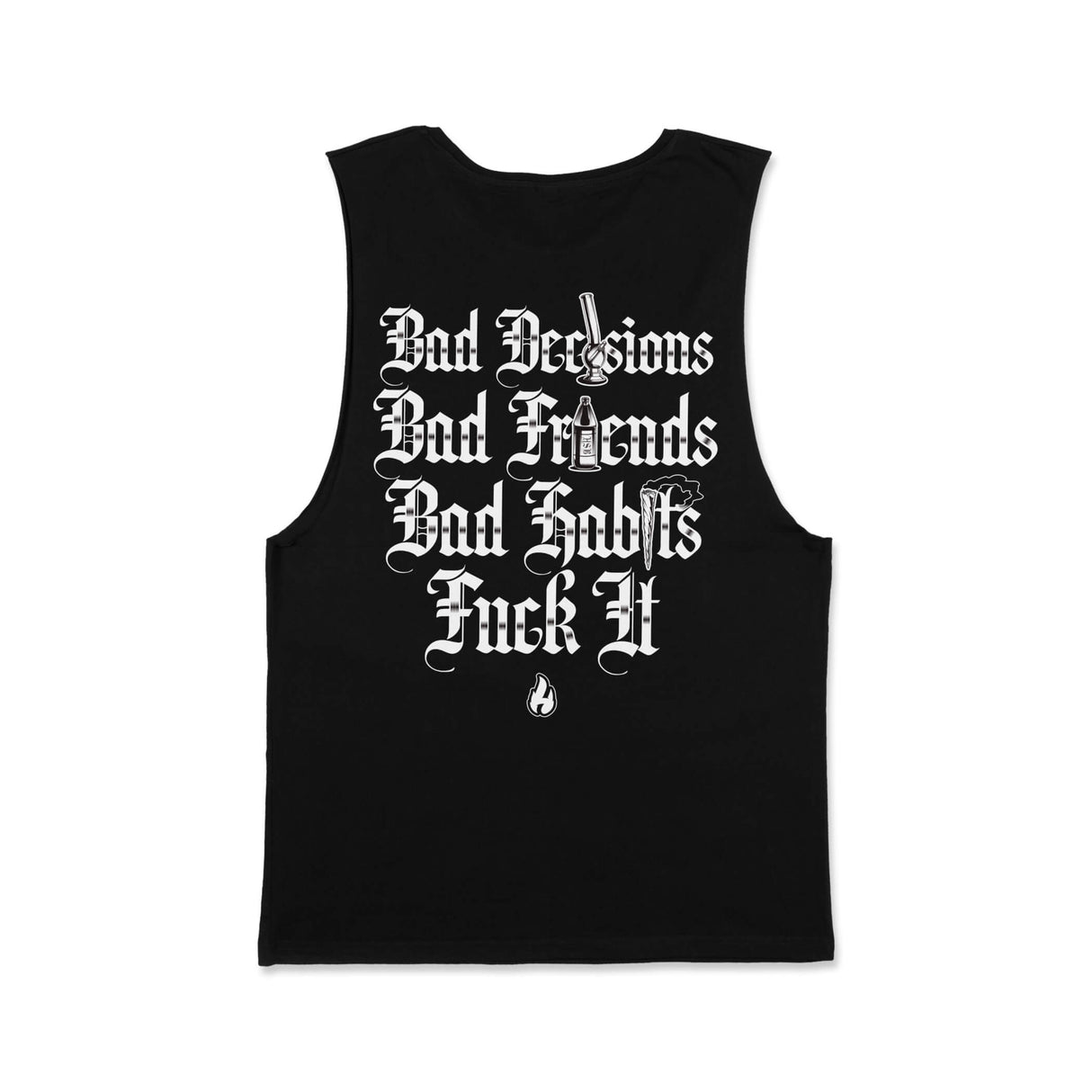 Black sleeveless tank top with large white typographic back graphic